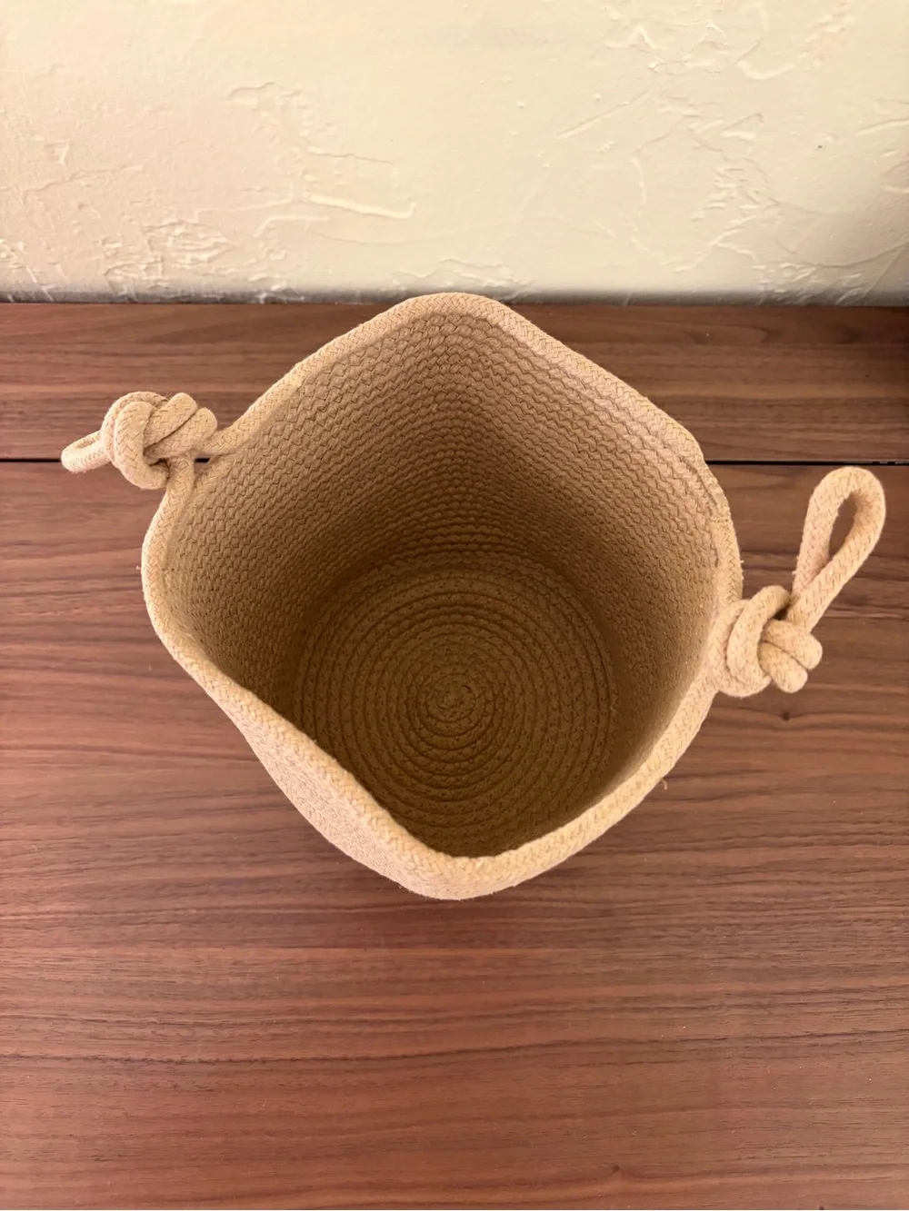 Beige Woven Rope Storage Basket with Knotted Handles 7” x 8”